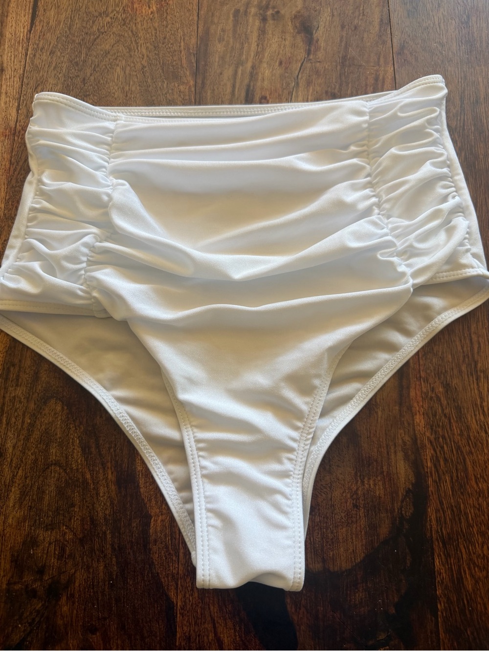 High-Waist White Ruched Bikini Bottom - Classic Swim
